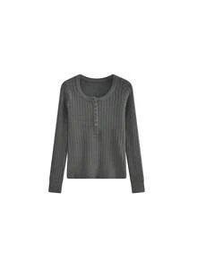 Autumn/Winter Korean Style Slim Fit Sexy Half-Open Collar Cable Knit Button Design Andy Fleece Sweater - Dark Grey - View 7