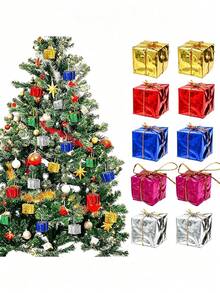 60/12pcs/Pack Colorful Gift Boxes Christmas Decorations, Mini Hanging Ornaments Christmas Tree Decor, Multi-Color Foil Surface Mini Box Decorative Props, Laser Candy Box Pendant, Christmas Tree And Party Favors, Home Gift Box Decoration - Multiple Styles - View 3