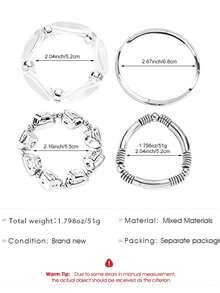 Set Gelang Minimalis 4 Buah dari Baja Titanium yang Dapat Ditumpuk, Set Gelang Manset Terbuka yang Dapat Diatur dari Resin Transparan dengan Manik-Manik Spiral Persegi Bertekstur Asimetris Perak Mengkilap, Hadiah untuknya - MultiWarna - View 9