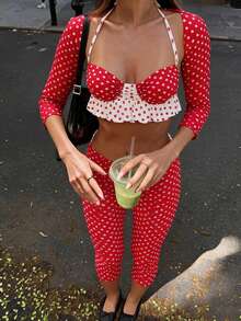 Y2K Retro Red Polka Dot Set - Cropped Colorblock Polka Dot Jacket + Red & White Contrast Camisole + High Waist Slit Capri Pants, Eye-Catching Elegant - Red and White - View 8