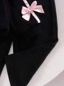 Baby Girl Number Pattern Ribbon Bow Decor Round Neck Long Sleeve Top And Pants - Black - View 5