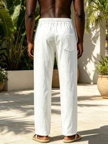 Men's Summer Casual Solid Color Linen Pants, Elastic Drawstring Waist, Large Pockets, Loose Wide Leg, Suitable For Daily Wear, Vacation, Slouchy, Versatile - White - View 4