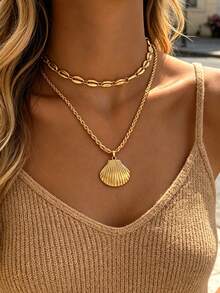 2pcs Fashion Minimalist Elegant Exquisite Vintage Design Multi-Layer Geometric Faux Shell Pendant Necklace Set, Choker, Holiday Vacation Party Date Gift, Daily Commute Wear, Personalized - Yellow Gold - View 5