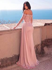 Women's Charming Pink Off-Shoulder Long Sleeve Lace Dress, Thigh Slit, With Boning Detail, Suitable For Formal Occasions - Baby Pink - View 2