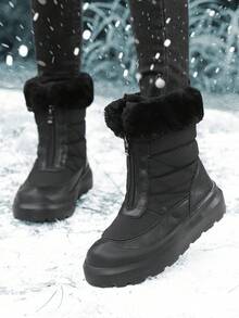 麂皮領側拉鍊雪地靴，防水羽絨布料，加厚抓絨內裡，厚底增高防寒中筒靴 - 黑色 - 查看 3
