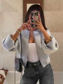 Plus Size Women's Solid Color Long Sleeve Zipper Front Casual Wool Blend Jacket - White-gray - View 2