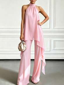 Setelan Dua Potong Asimetris Ungu Elegan Musim Panas, Atasan Asimetris Tanpa Lengan Leher Tinggi dengan Celana Panjang Lebar, Untuk Pesta Makan Malam Bisnis - Baby Pink - View 4