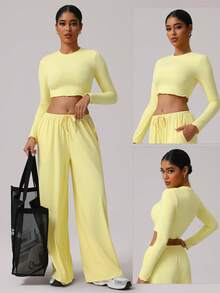Sodalemon Women's Long Sleeve Fitness Sports T-Shirt, Round Neck Solid Color Running Yoga Cropped Top, Ruffle Hem, Pilates Workout Apparel - Yellow - View 10