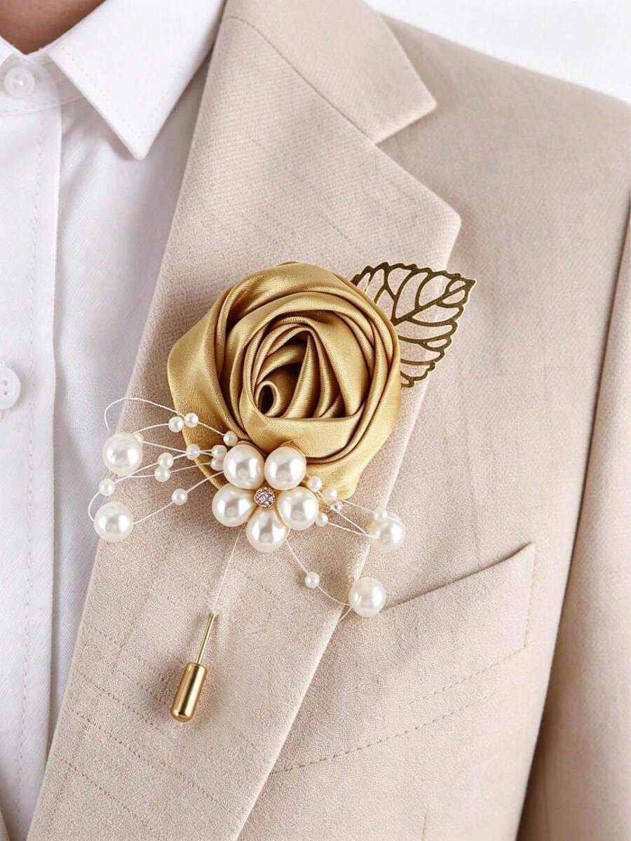 Men's Elegant Gold Leaf Pearl Artificial Rose Light Gold Lapel Pin Brooch Accessory, Suitable For Wedding, Banquet, Formal, Business, Holiday - Light Gold - View 1