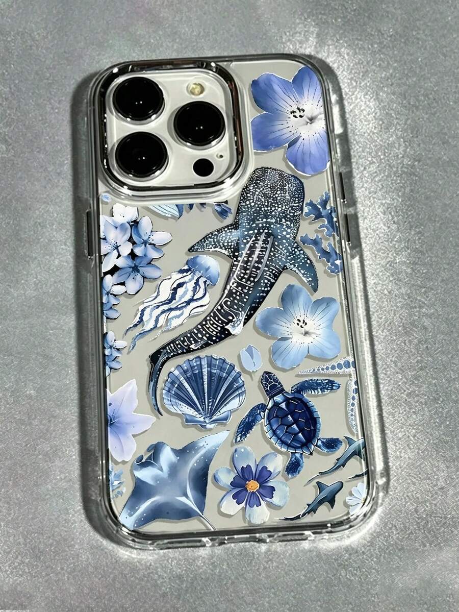 Casing Ponsel Motif Bunga, Paus, Kura-kura, dan Elemen Laut Musim Panas, dengan Tombol dan Bingkai Kamera Berlapis Elektroplating, Kompatibel dengan iPhone 17 Pro Max 17 Pro 17/16/15/14/13/12/11 - Desain Fashion Kreatif, Casing Pelindung Anti Jatuh yang Melindungi Seluruh Bagian, Cocok Sebagai Hadiah untuk Teman dan Keluarga. - Clear - View 1
