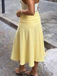 Vellofy Women's Autumn Light Yellow Ruched Mid-Waist Mermaid Long Skirt, Soft Flowy Long Skirt, Suitable For Cocktail Party Wear - Yellow - View 7