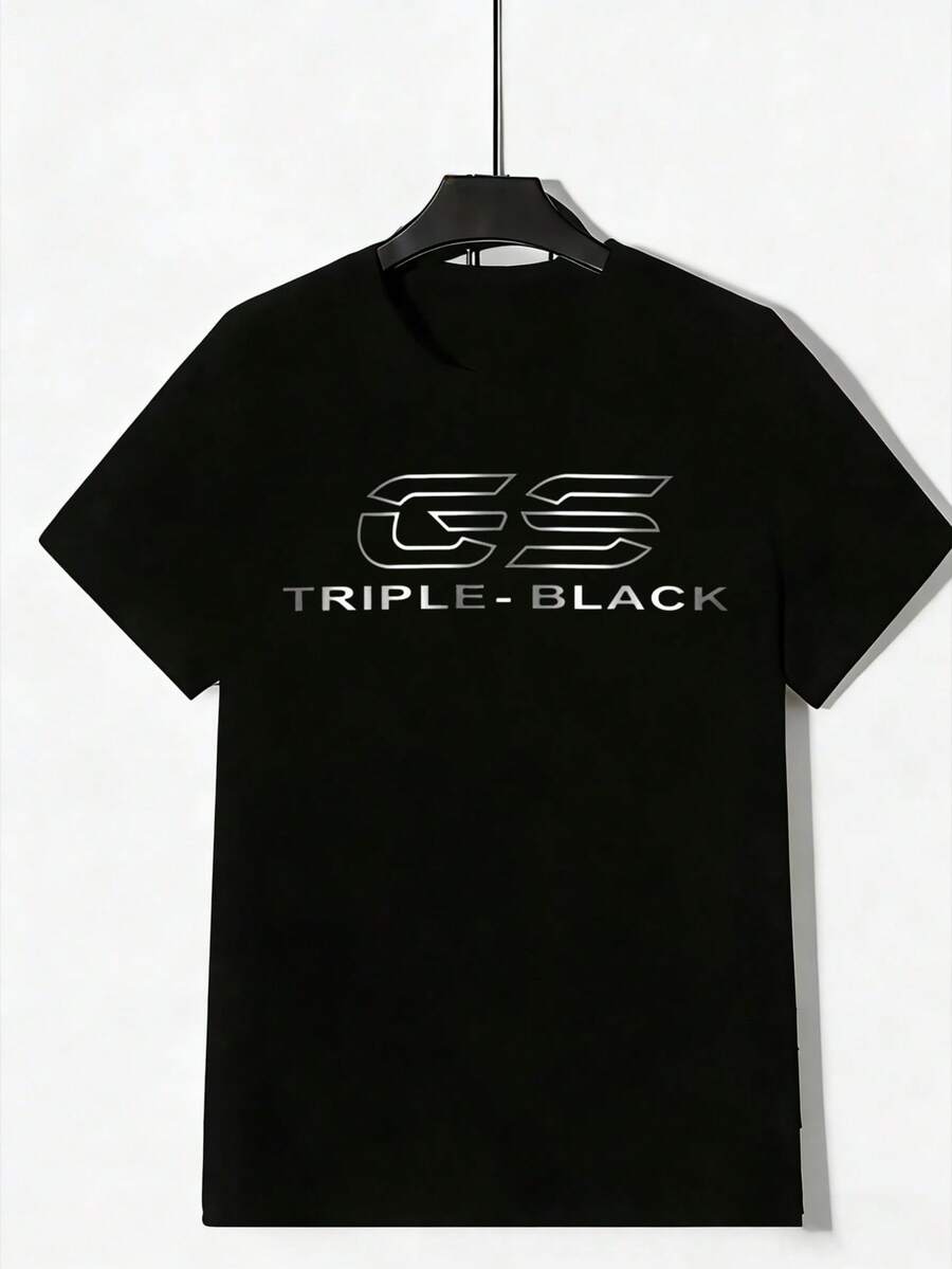 Black T-Shirt With Triple Black Logo And GS Design For Streetwear And Urban Style - 黑色 - 查看 1
