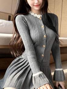 2026 Preppy Argyle Knit Cardigan, Round Neck Lace Trim Cropped Cardigan, Youthful Style Knitwear, Spring/Autumn Daily Campus & Commute, Stretchy Knit Fabric Slimming Cardigan For Women 18-35 Years Old - Grey - View 8