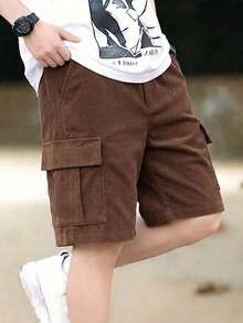 Boys' Dark Brown Corduroy Cargo Shorts, Summer Multi-Pocket Mid-Length Casual Pants, Big Kids - Brown - View 9