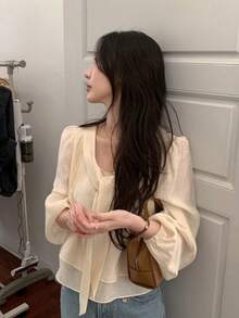 Blus Elegan Serbaguna Bergaya Korea YCYC dengan Pita untuk Wanita - Aprikot - View 5