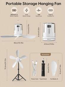 Ultra-Long Battery Life Portable USB Rechargeable Ceiling Fan With LED Night Light, Remote Control, Digital Display, Warm/White Color-Changing Night Light, 12-Speed Timer, Powerful Airflow, Suitable For Tent, Camping, RV, Travel, BBQ, Fishing - Multicolor - View 9