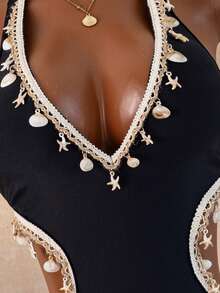 New Sexy One-Piece Swimsuit With Shell Tassel Design, Fashionable And Sexy Vacation Beach Black Summer - Black - View 4