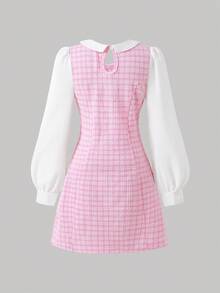 秋冬女童時尚優雅格紋彼得潘領蝴蝶結洋裝 - 粉色 - 查看 3