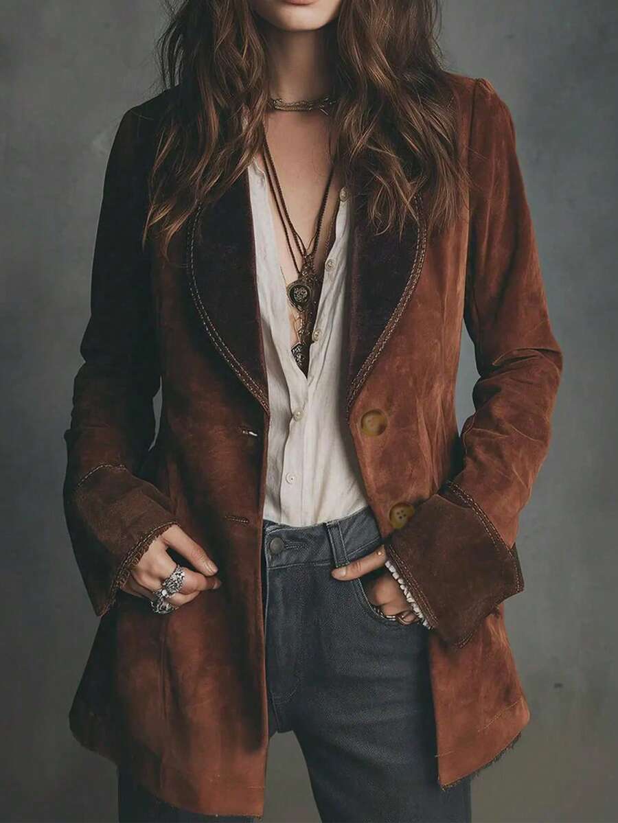 Fashion Women Faux Suede Mid-Length Jacket, Contrast Stitching And Collar, Long Sleeve - Brown - View 1