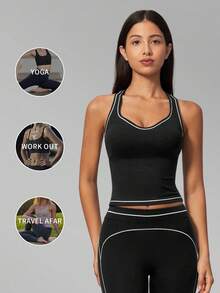 MFVIM Conjunto deportivo de top de tirantes a rayas con bloques de color y leggings cortos ajustados, adecuado para trote diario al aire libre, ciclismo y yoga - Negro premium - Ver 5