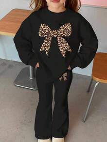 Casual löst sittande sweatshirtset för flickor med rosetttryck, lämpligt för höst/vinter, vinteroutfit för unga flickor - Svart - Visa 5