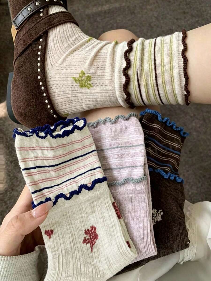 1/4/8/12/16/20 Pairs Spring/Summer Thin Korean Japanese Vintage Breathable Mesh Patchwork Frill Trim Mid-Calf Slouch Socks - Multicolor - View 1