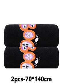 Halloween BOO Embroidered Bath Towel Set, Black Soft Coral Fleece Bath Towel With Spider Web And Ghost Embroidery, Spooky Halloween Decor Bathroom Towel Gift, Suitable For Home Use - Black - View 15