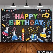 2d Plane Science Theme Birthday Party Banner Background, Chemical Experiment Theme, Including Conical Flask Magnifying Glass Gear, Birthday Banner Background Of Various Experimental Instruments. - 1 - View 5