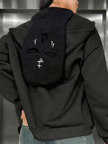 女款休閒抓絨刺繡針織拉鍊口袋寬鬆衛衣，適合日常穿著，秋冬款 - 黑色 - 查看 7