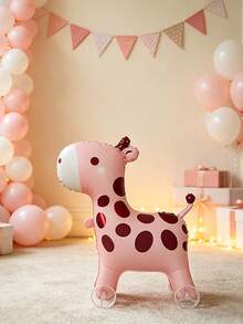 1 Set Pink Giraffe Aluminum Foil Balloon With Wheels, Walkable Animal, Suitable For Birthday Party Decoration, Theme Party Setup, First Birthday, Outdoor Photo Prop - Pink Giraffe - View 2