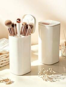 1pc Dust-Proof Makeup Brush Storage Bucket, Automatic Lift Design, 4-Compartment Partition, Large Capacity All-In-One Makeup Organizer, Suitable For Vanity Tabletop - View 5