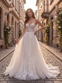 New Strapless Heart-Shaped Neckline Floral Embroidery Pattern Mesh Patchwork Wedding Dress Suitable For Lawn Wedding Beach Wedding Bridal Gown - Beige - View 2