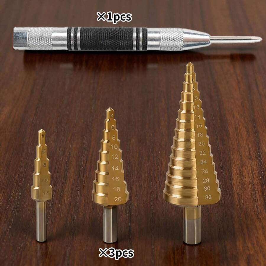 UNISURE Drilling, Hole Expansion & Positioning Combo Set With 3pcs Titanium Coated Step Drills (4-12/4-20/4-32mm) Hex Shank + Automatic Spring Center Punch, Glass Breaker Punch, Center Eye Locator