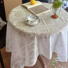 1pc Vintage French Embroidered Plaid Hollow Tablecloth, Semi-Transparent Sheer Hollow Table Runner, Home Round Table Afternoon Tea Photography Backdrop - Multicolor - View 7