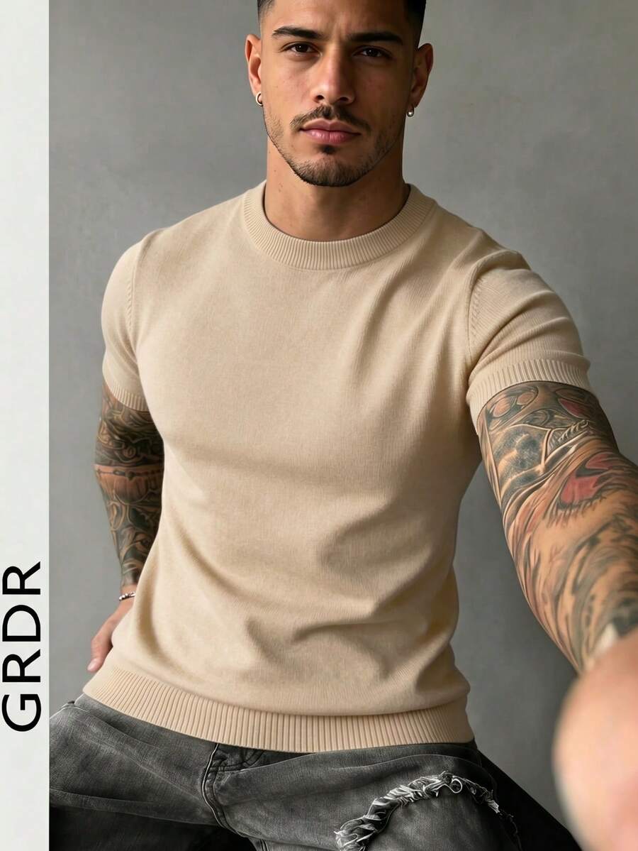 GRDR Men's Striped Crew Neck Lightweight Knit Short Sleeve - Fashionable Versatile Casual Minimalist T-Shirt