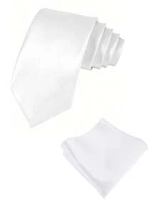 1 Set de corbata y pañuelo de bolsillo de unicolor de 8 cm para hombre, conjunto de corbata y pañuelo de satén, corbata y pañuelo de bolsillo para negocios - Blanco - Ver 2