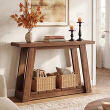 LITTLE TREE 105cm Brown 2-Tier Farmhouse Narrow Console Table Storage Sofa Table Hall Living - Brown - View 4