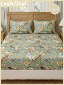 3pcs Flower And Bird Branch And Leaf Prints Fitted Sheet Set - Includes 1 Fitted Sheet & 2 Pillowcases, Soft Polyester With Nostalgic Pattern, Breathable & Machine Washable,VintageStyle ,FloralBedding ,RetroHome - Multicolor - View 1