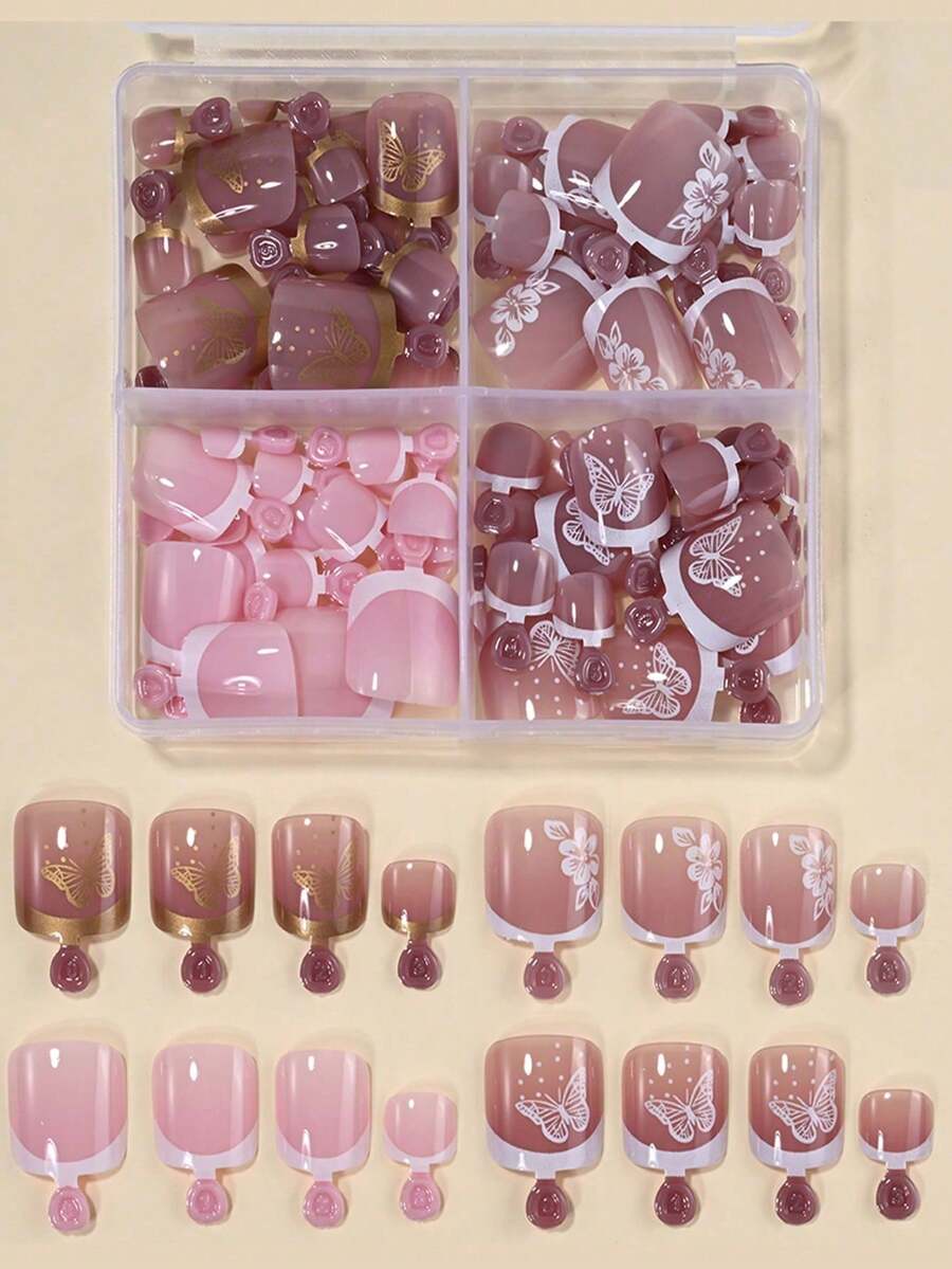 Random Color 24pcs French Style Press-On Toe Nails, 12 Sizes, Full Coverage, Square Short Shape, Floral & Butterfly Pattern, Summer Nail Art Set, Suitable For Festivals, Parties, Dates And Daily Wear - Multicolor - View 1