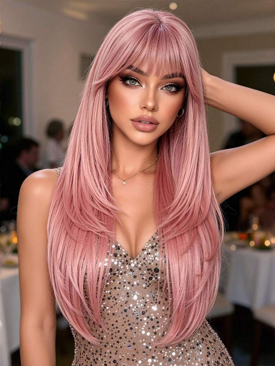 Fashion Pink Long Layered Straight Hair Wig With Bangs, Heat-Resistant Synthetic Fiber Women's Hairstyle Wig, Suitable For Halloween Cosplay, Christmas Party, New Year Celebration And Holiday Events
