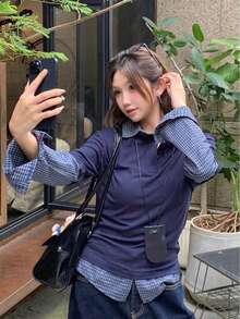 New Women's Spring/Autumn 2 In 1 Polo Collar Colorblock Long Sleeve T-Shirt, Versatile Preppy Style Slim Fit Knit Top - Royal Blue - View 5