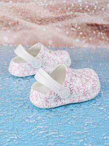 1 par de zuecos cómodos y de moda casual para niñas con estampado de lazo, versátiles para interior/exterior y playa, con protección de dedos - Blanco - Ver 5