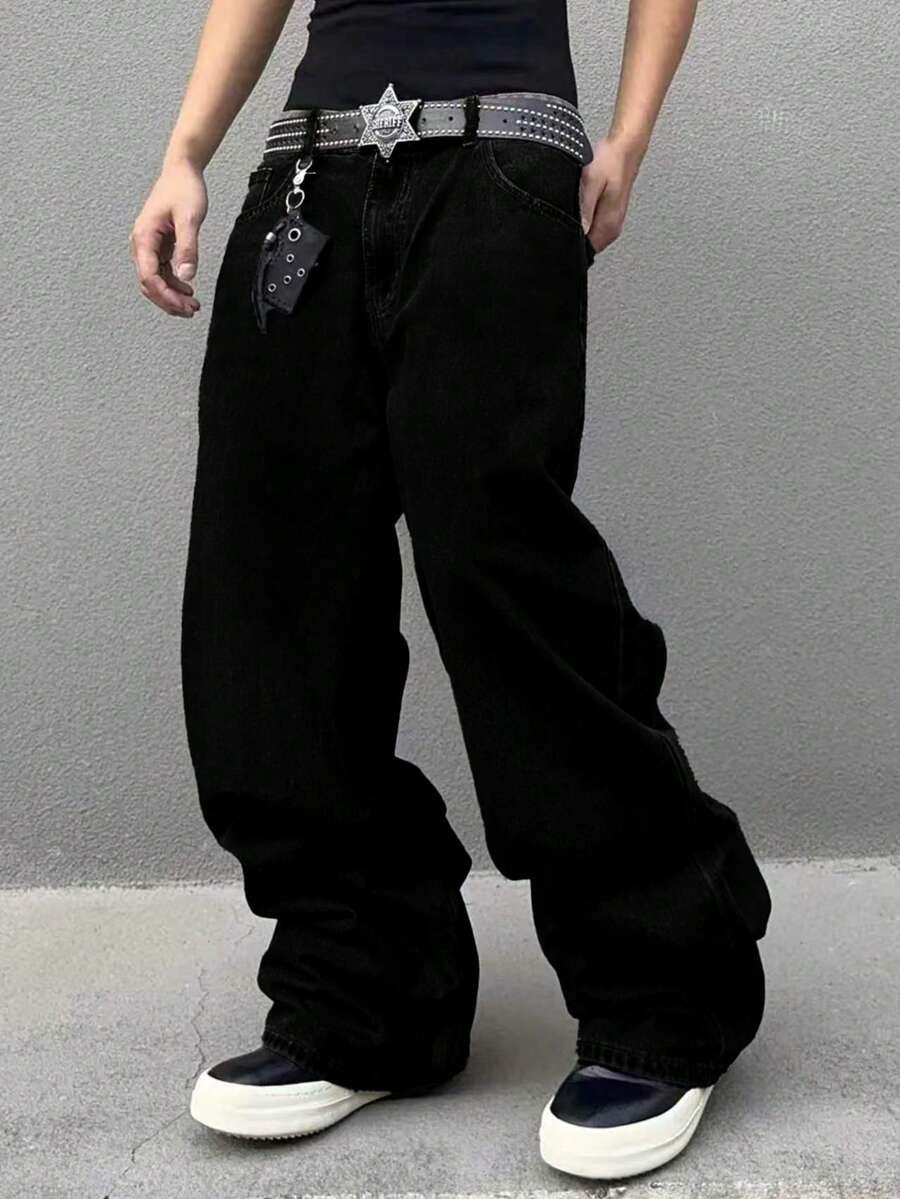 青少年男孩休閒復古水洗寬鬆寬腿長褲 - 黑色 - 查看 1