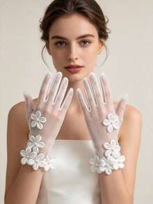 Bridal Floral Decorated Tulle Wedding Gloves - A - View 3