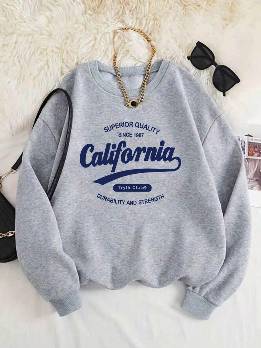 American Vintage California Letter Print Crew Neck Sweatshirt Women Spring Autumn Loose Slouchy Gray Long Sleeve Top Casual - Light Grey - View 1