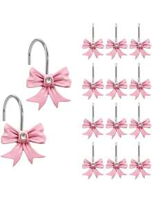 12pcs Shiny Rhinestone Bowknot Shower Curtain Hooks, Rust-Proof Smooth Metal Bowknot Decorative Shower Curtain Rings, For Bathroom - Pink - View 4