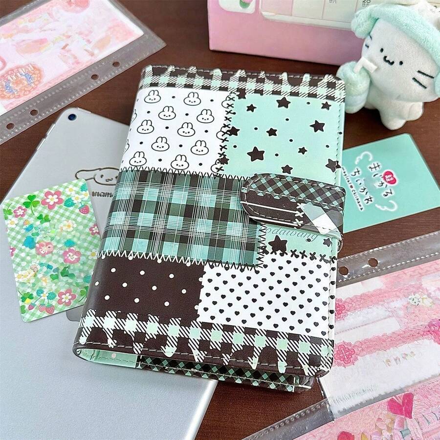 Binder A6 6 Lubang Motif Kotak-kotak Kelinci dan Bintang, Tempat Kartu Foto dengan 60 Halaman Dalam Kosong, Amplop Uang Tunai, Jurnal, Perencana, Buku Penyimpanan Kartu untuk Siswa, Buku Tempel Harian - A - View 1