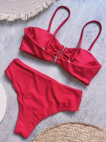Women's Solid Color Bandeau Tie Up Metal Decor Bikini Swimwear Set Vacation Beach Summer Red - Red - View 4