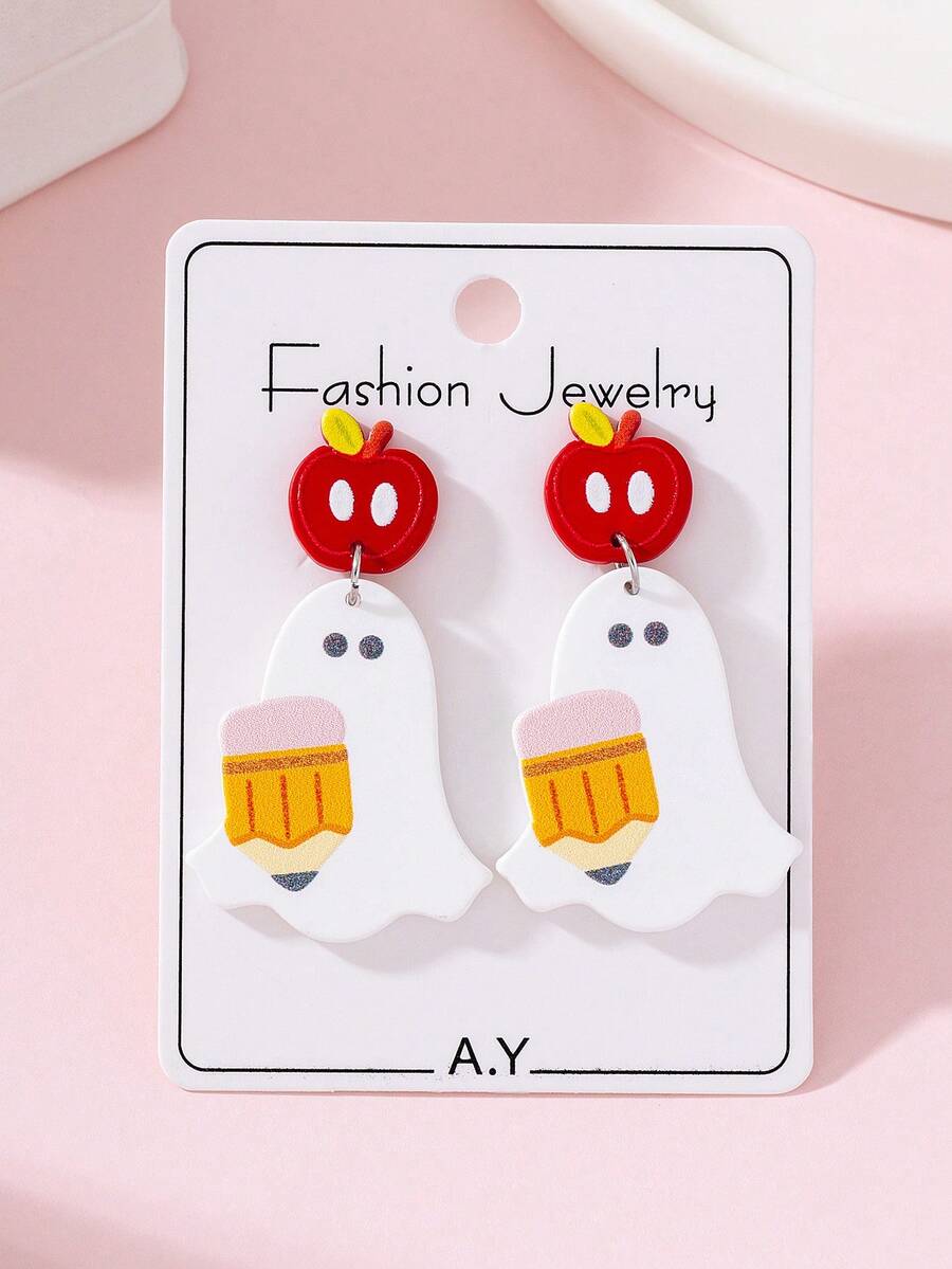 1 Pair Halloween Academy Style Cute Ghost, Pencil, Apple Enamel Design Fashion Earrings For Women, Suitable For Holiday Party Wear And Gift - Multicolor - View 1