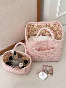 Country Floral Quilted Fabric Handheld Storage Basket Large Capacity Cosmetic Skincare Sundries Organizer With Handle Design Portable Home Organization Solution Decorative Woven Container Perfect For Bathroom Kitchen Bedroom Closet Shelves Display - View 3